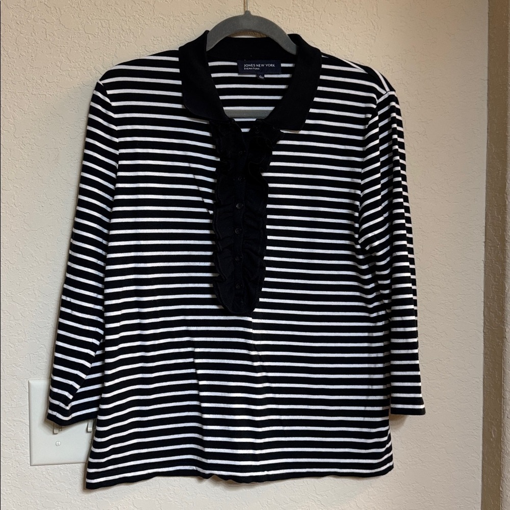 Jones New York Black and White Striped Blouse with Button Ruffle Design Size L